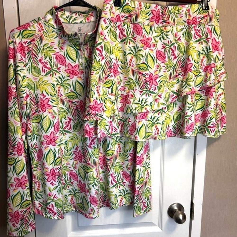 Emerald 18 Womens Tropical Floral Print Long Sleeve Golf Tennis Skirt‎ Set L